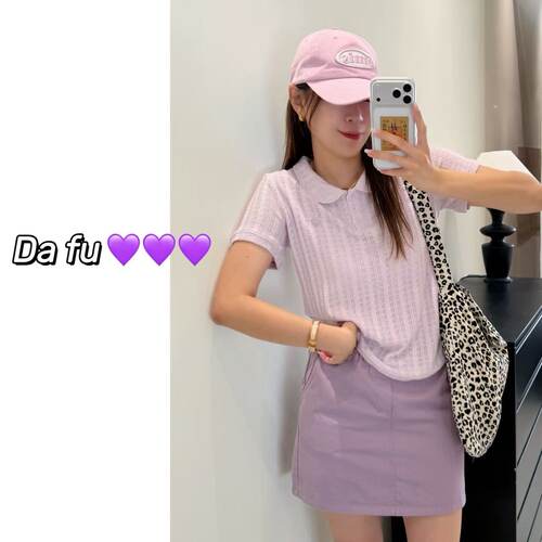 [大福Dafu]-淡颜清甜 娃娃领POLO衫女夏季薄款肌理感提花短袖上衣