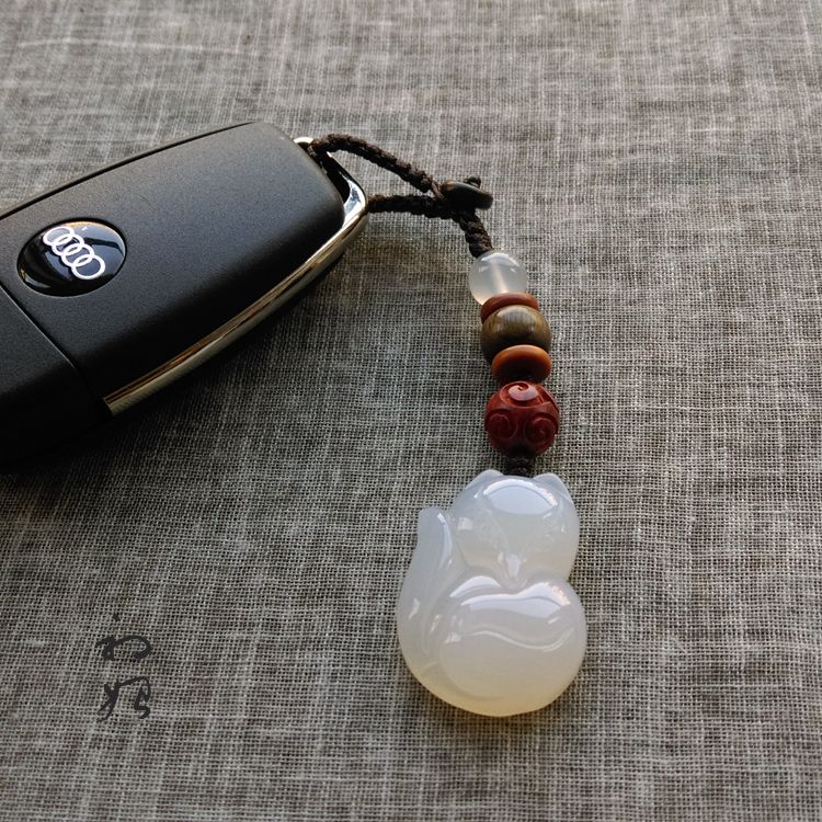 特价 初始原创白玛瑙玉髓汽车钥匙扣挂件 紫檀木珠包挂饰礼品狐狸