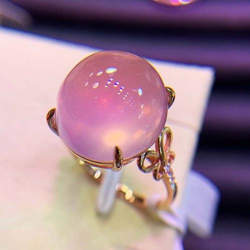 莫桑比克芙蓉石粉水晶戒指18K金