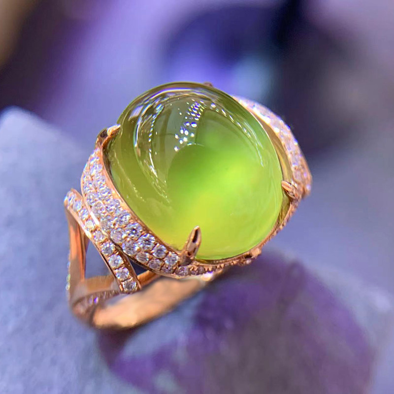 天然斯里兰卡原矿葡萄石戒指18K金镶嵌搭配钻石女饰品定制附证书