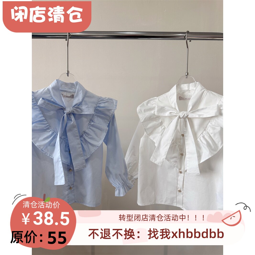 110-130 日~原 女童春秋新款纯棉绑带蝴蝶结长袖衬衫 气质大气