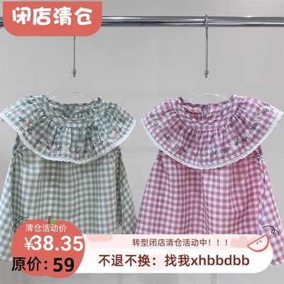 80-120 日~原 女童夏季新款甜美格子无袖娃娃衫小上衣 大荷叶领