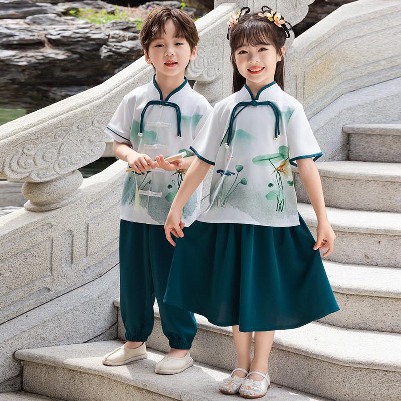 女童汉服夏季薄款短袖国学男童唐装夏装国风幼儿园小池荷花演出服