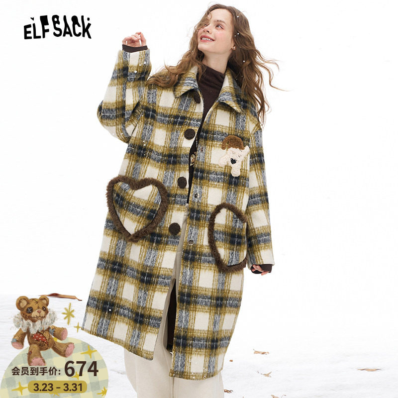 妖精的口袋含绵羊毛中长款复古格子毛呢外套女2025冬新款气质大衣