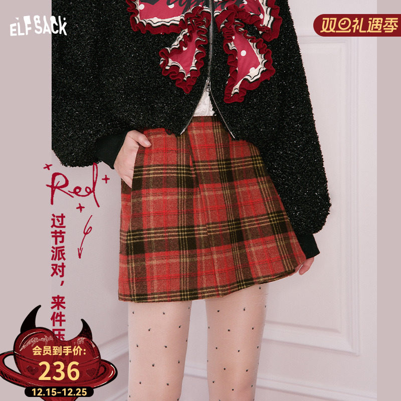 妖精的口袋红色格纹a字半身裙女2025年冬季新款复古裙裤圣诞穿搭