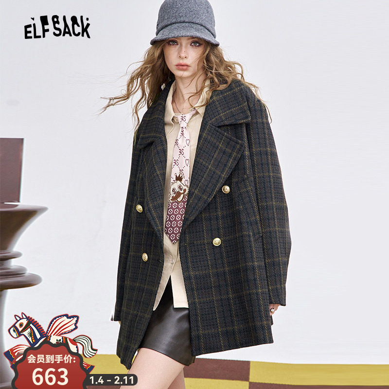 妖精的口袋复古格纹大翻领毛呢外套女2025年冬季新款双排扣呢大衣