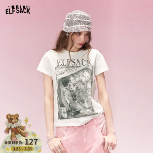 小众修身 妖精 t恤女2026早春新款 白色印花正肩短袖 上衣 口袋美式