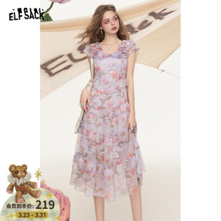 新款 荷叶边碎花连衣裙女2026夏季 气质收腰度假裙子 口袋法式 妖精