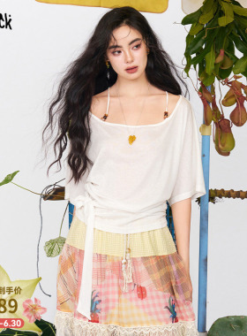 妖精的口袋白色挂脖露肩短袖t恤女2026年夏季新款设计感纯欲上衣