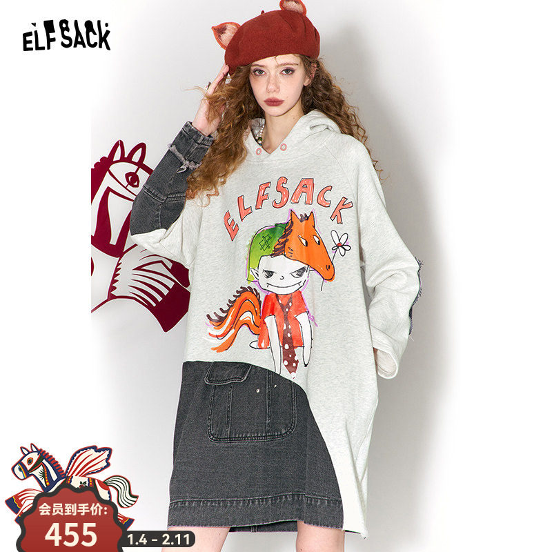 妖精的口袋鬼马印花牛仔拼接连帽连衣裙女2026春秋新款显瘦卫衣裙