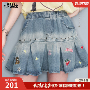 妖精 休闲高腰短裙 口袋趣味绣花铆钉牛仔半身裙女2025年夏季 新款