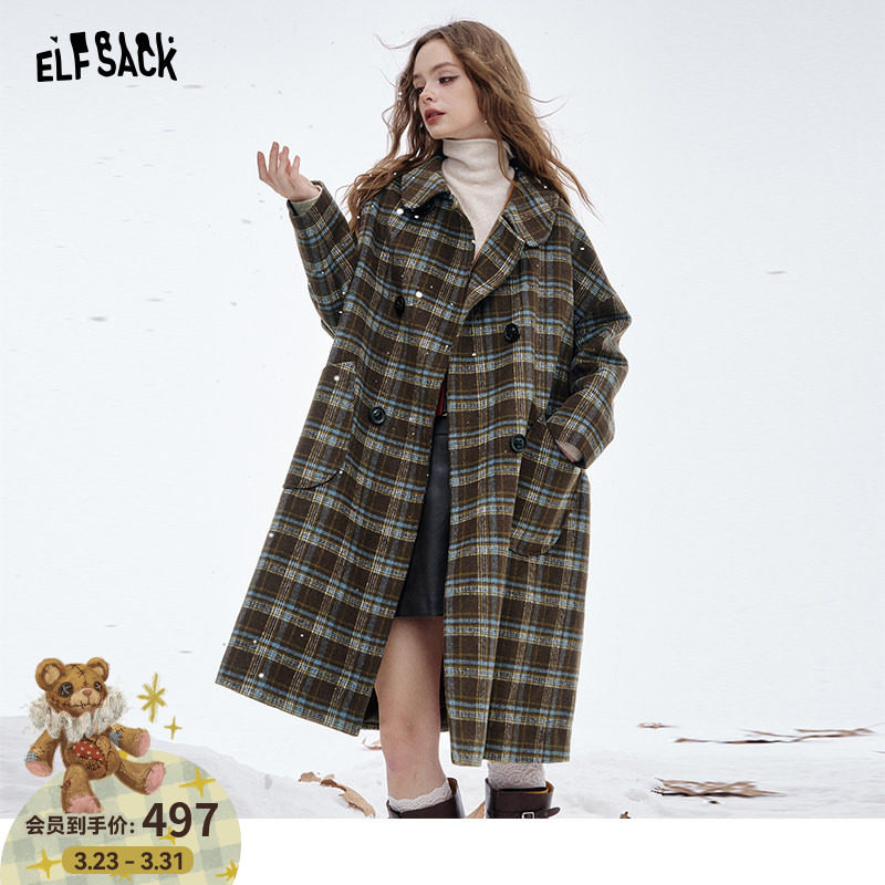 妖精的口袋格纹撞色娃娃领长款毛呢外套女2025冬季新款甜美呢大衣