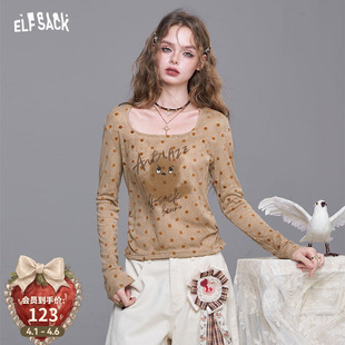 修身 妖精 口袋波点印花u领长袖 t恤女2026年早春新款 上衣 显瘦薄款