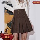 妖精 高腰短裙新年穿搭 口袋复古双排扣百褶裙半身裙女2025冬新款