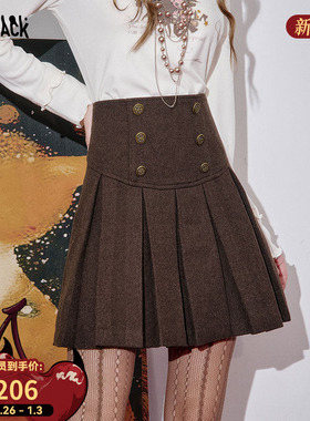 妖精的口袋复古双排扣百褶裙半身裙女2025冬新款高腰短裙新年穿搭