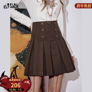 妖精 高腰短裙新年穿搭 口袋复古双排扣百褶裙半身裙女2025冬新款