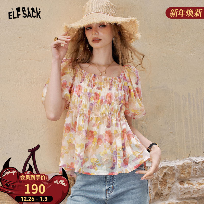 妖精的口袋碎花泡泡袖法式雪纺衫女2025年夏季新款度假风绝美小衫