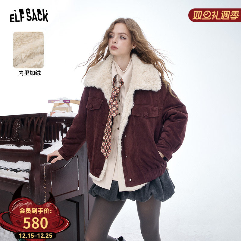 妖精的口袋复古麂皮绒宽松毛呢外套女2025年冬季新款白色毛领保暖