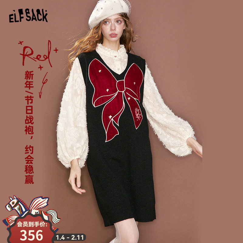 妖精的口袋丝绒蝴蝶结雪纺拼接连衣裙女2025年冬季新款新年穿搭