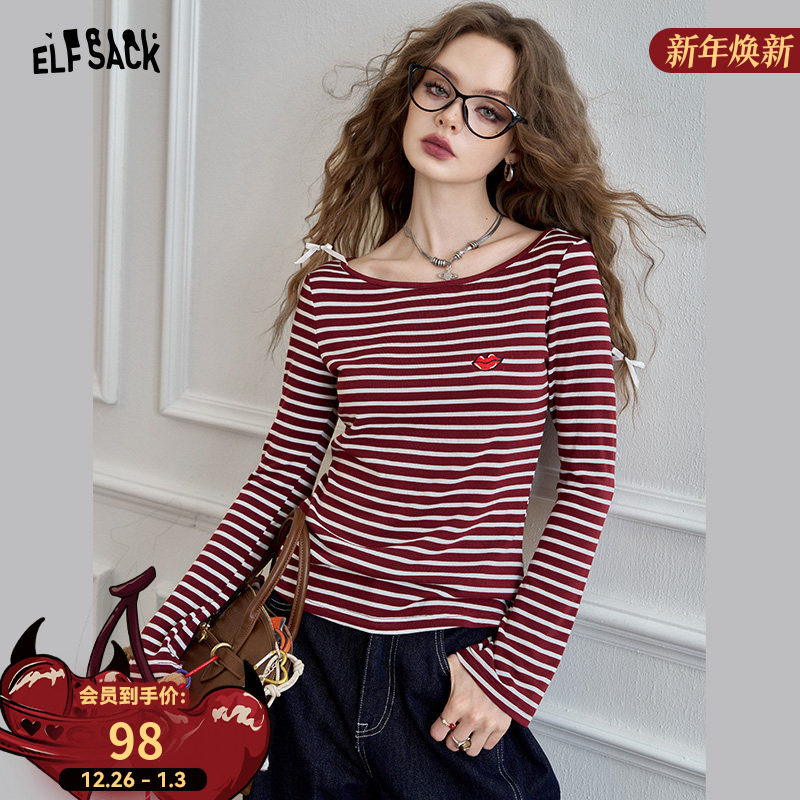 妖精的口袋刺绣条纹宽松长袖t恤女2025冬新款显瘦打底衫红色上衣