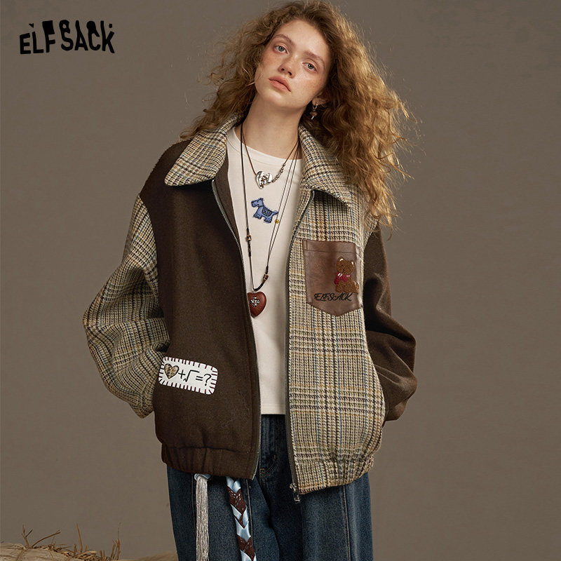 妖精的口袋咖色格纹拼接毛呢外套女2025年秋冬新款字母刺绣夹克服