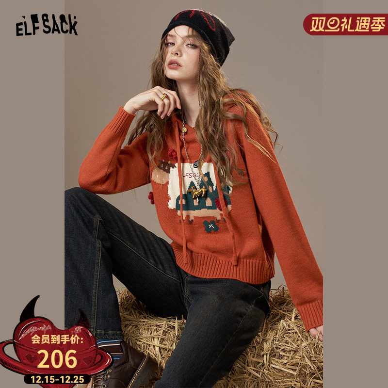 妖精的口袋复古提花橘红连帽圣诞毛衣女2025年秋冬新款绵羊毛甜美