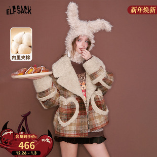新年战袍 毛呢外套女2025冬新款 妖精 口袋仿毛绒格纹拼接夹棉短款
