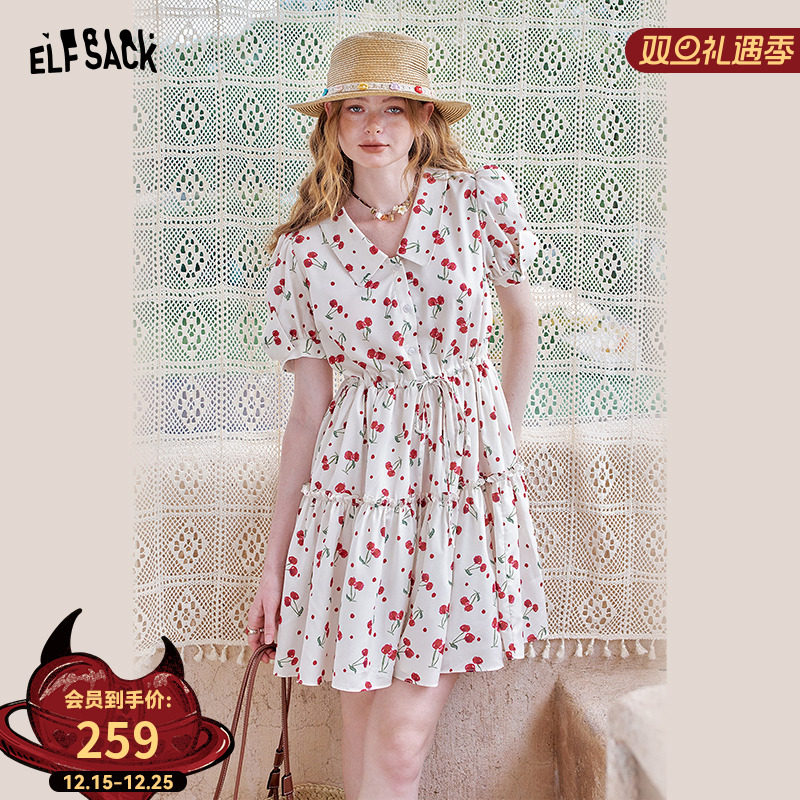 妖精的口袋樱桃印花收腰连衣裙女2025年夏季新款甜美气质短款裙子