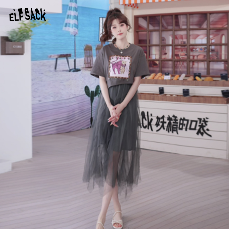 妖精的口袋原创印花网纱连衣裙女2025年夏季新款掐腰设计感T恤裙