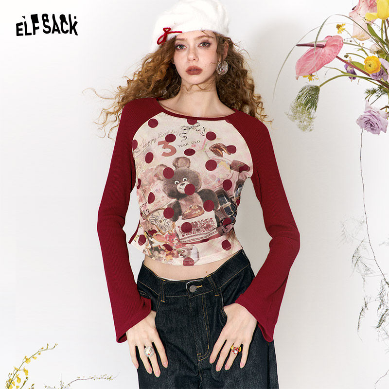 妖精的口袋红色插肩印花长袖t恤女2026早春新款修身内搭新年战袍