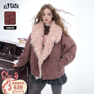 妖精的口袋粉色大毛领牛仔棉衣女2026冬季新款巨好看复古夹棉外套