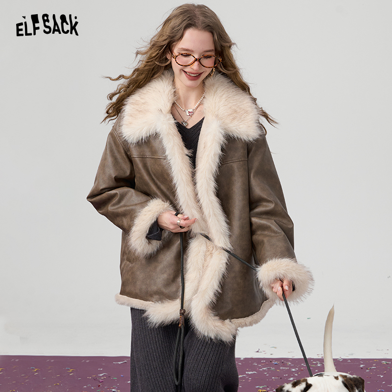 妖精的口袋咖色毛绒绒pu皮衣外套