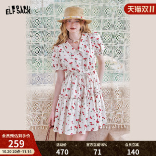 甜美气质短款 新款 裙子 口袋樱桃印花收腰连衣裙女2025年夏季 妖精