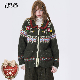 妖精 新款 费尔岛毛衫 口袋立体花朵刺绣厚毛衣外套女2026年冬季