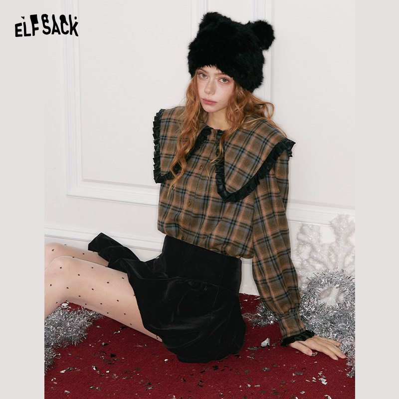 妖精的口袋PU皮拼接娃娃领衬衫女2026年早春新款甜美格纹内搭衬