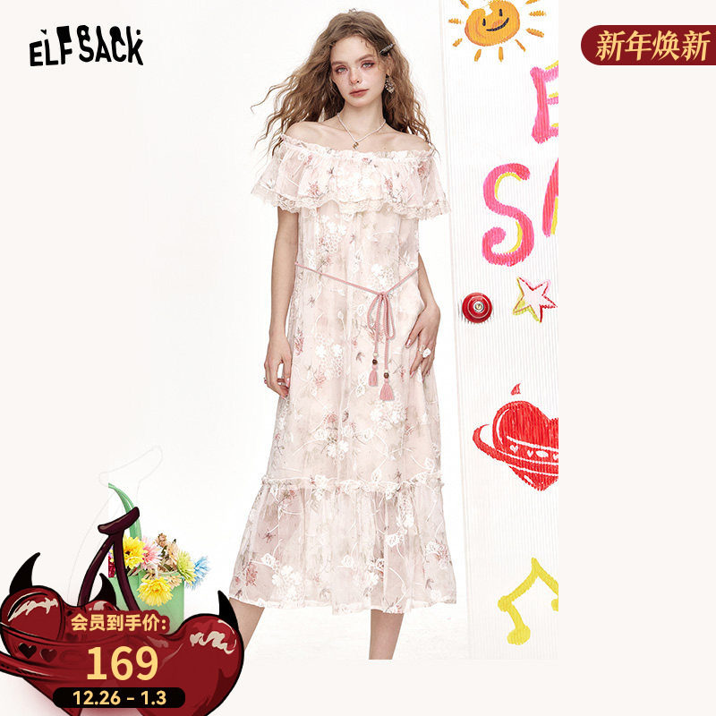 妖精的口袋一字肩蕾丝拼接碎花连衣裙女2025春夏新款气质度假裙子