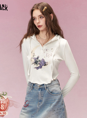 妖精的口袋白色印花连帽t恤女2026早春新款内搭修身显瘦小众上衣