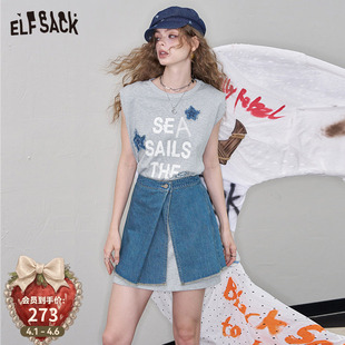 t恤裙牛仔半裙两件套女26夏新款 设计感甜酷连衣裙 口袋无袖 妖精