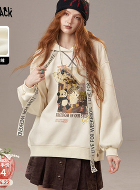 妖精的口袋白色印花加绒连帽卫衣女2026春秋新款慵懒风休闲上衣