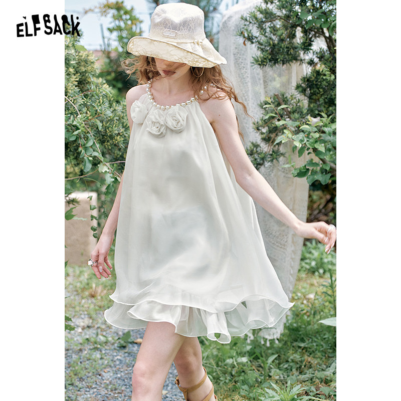 妖精的口袋珍珠挂脖立体花朵连衣裙女2025年夏季新款高级感短裙子