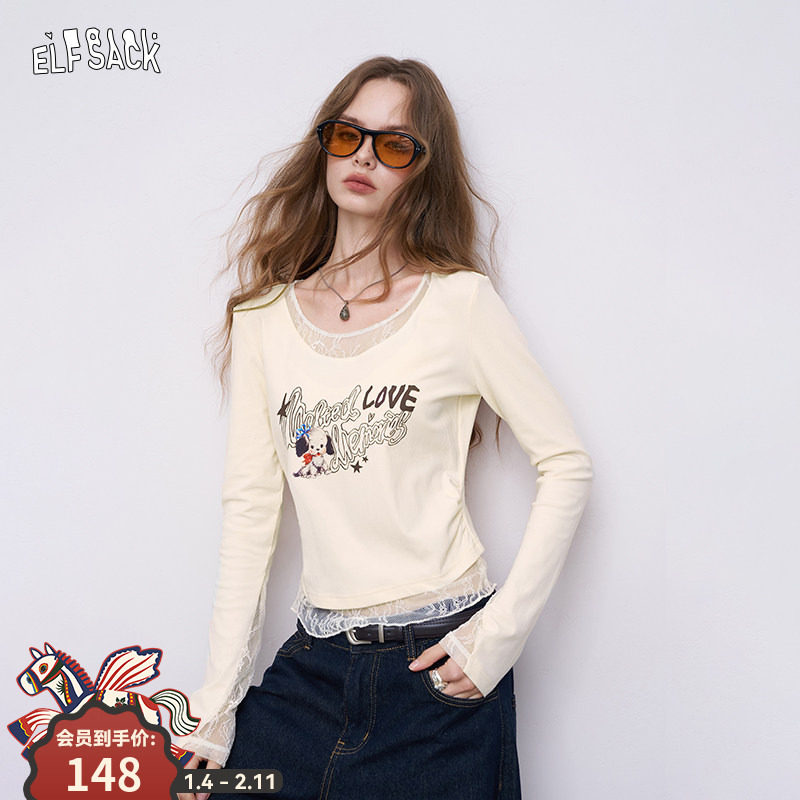 妖精的口袋白色蕾丝拼接印花长袖t恤女2026早春新款修身薄款上衣