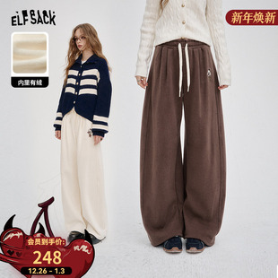 慵懒风运动裤 女2025年秋冬新款 口袋复古咖色印花阔腿休闲裤 妖精