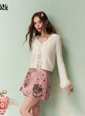 妖精的口袋白色立体花朵v领针织开衫女2026年春夏新款甜美喇叭袖