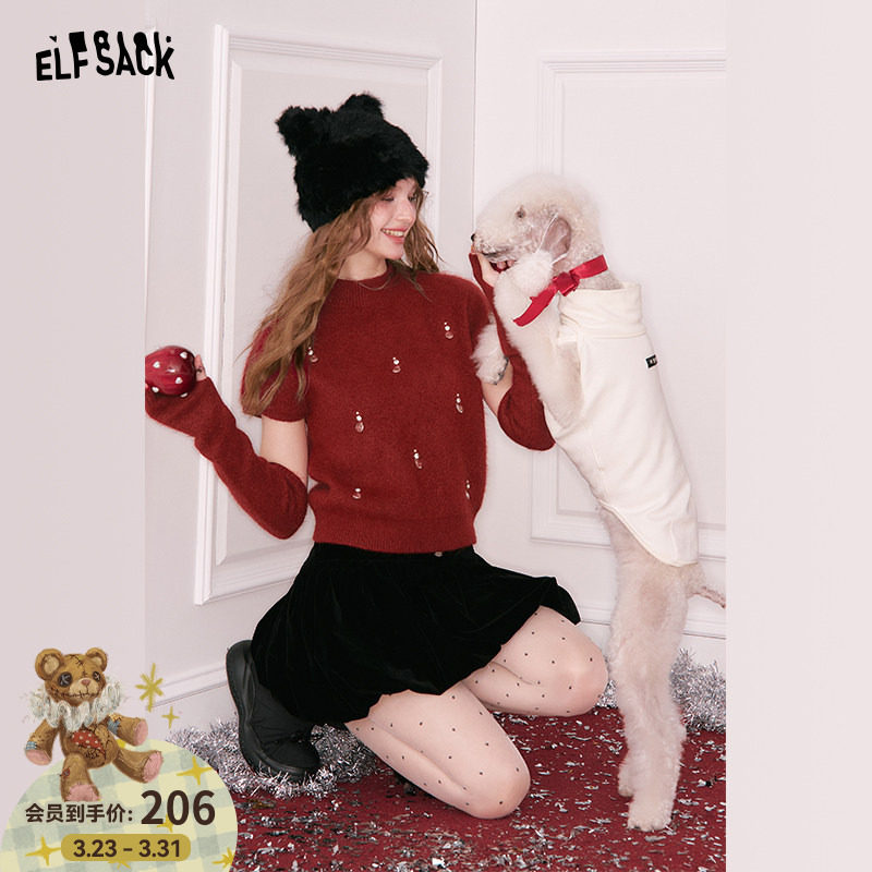 妖精的口袋毛绒红色甜美千金风毛衣女2026冬新绝美氛围感显瘦上衣