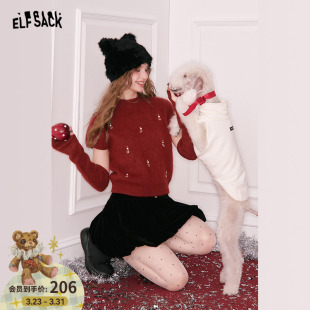 妖精 口袋毛绒红色甜美千金风毛衣女2026冬新绝美氛围感显瘦上衣