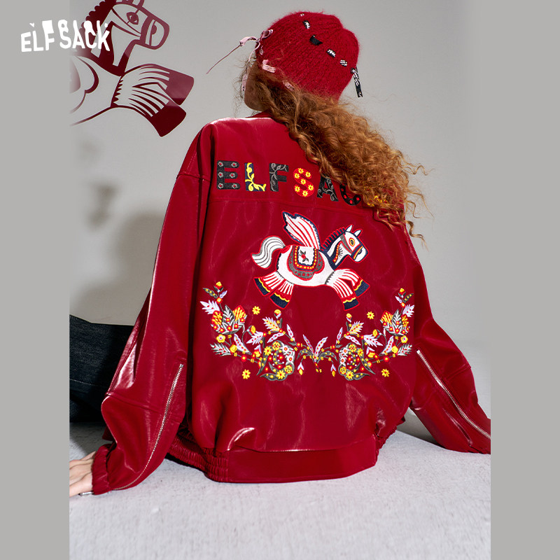 妖精的口袋剪纸小马绣花红色皮衣女2026年冬季新款重工设计感外套