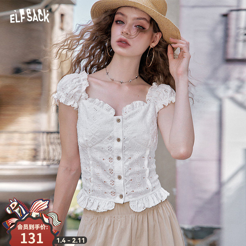 妖精的口袋白色镂空泡泡袖蕾丝衫女2025夏季新款法式甜美气质上衣