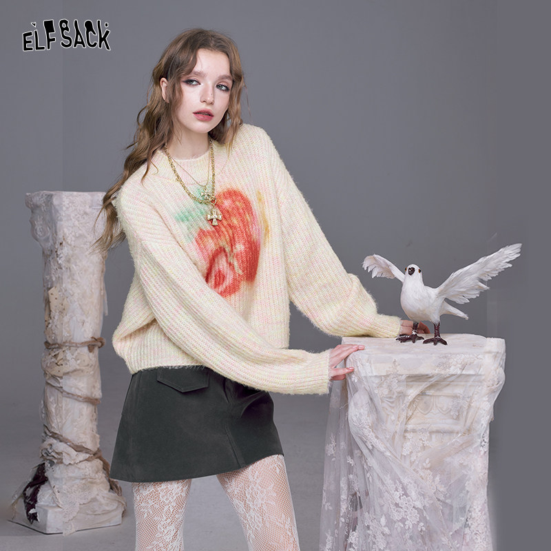 【蜜蜂欢乐社】妖精的口袋草莓印花毛衣女2025年秋新绵羊毛甜美