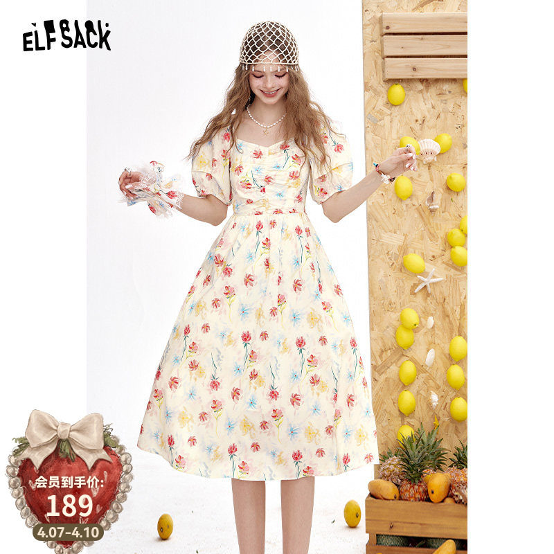 妖精的口袋泡泡袖碎花收腰连衣裙女2026年夏季新款甜美法式长裙子