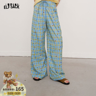 宽松休闲直筒裤 女2026年春秋新款 子 口袋撞色格子星星阔腿裤 妖精